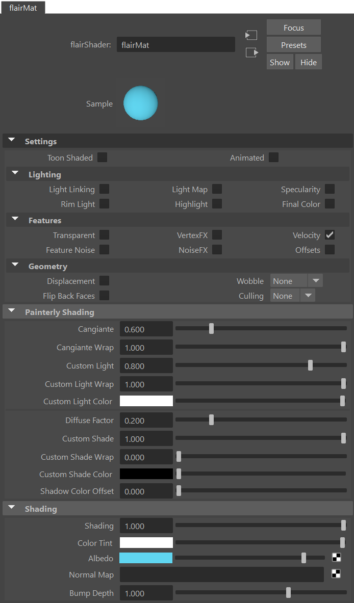 Flair Shader material node attributes