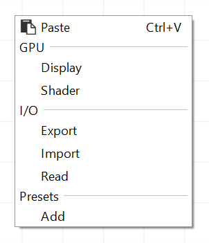 The context menu when right-clicking on the node graph grid