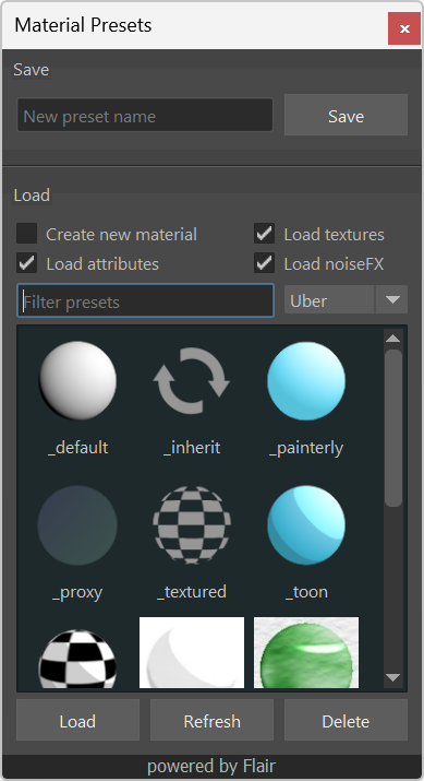 Material presets window