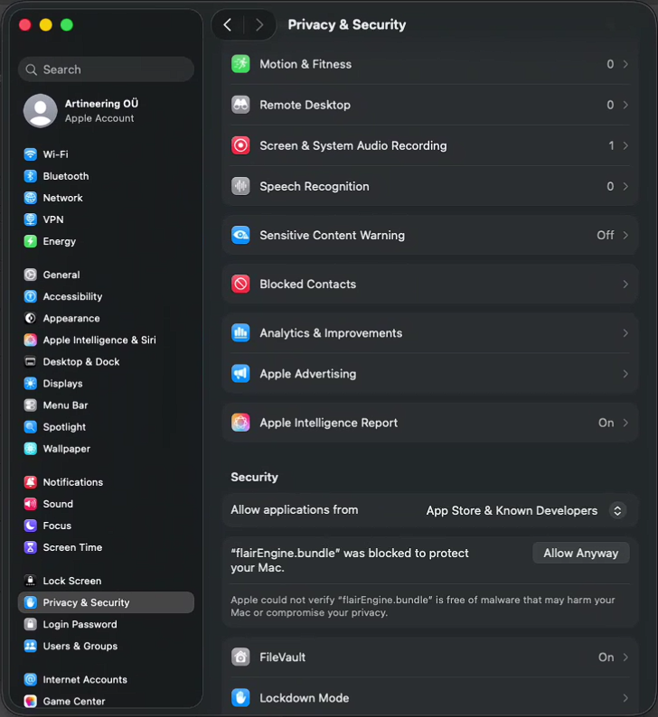 Privacy and Security section of System Settings with the Allow Anyway button