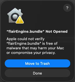 macOS warning prompt about flairEngine.bundle
