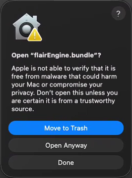 macOS warning prompt about flairEngine.bundle with the Allow option