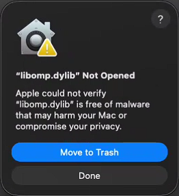 macOS warning prompt about libomp.dylib