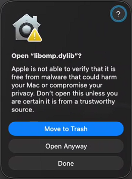 macOS warning prompt about libomp.dylib with the Allow option