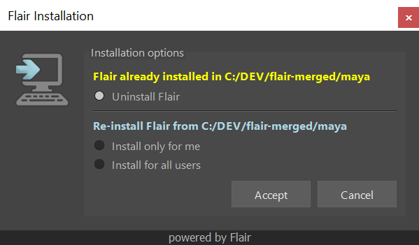 Flair installation prompt with uninstall option selected